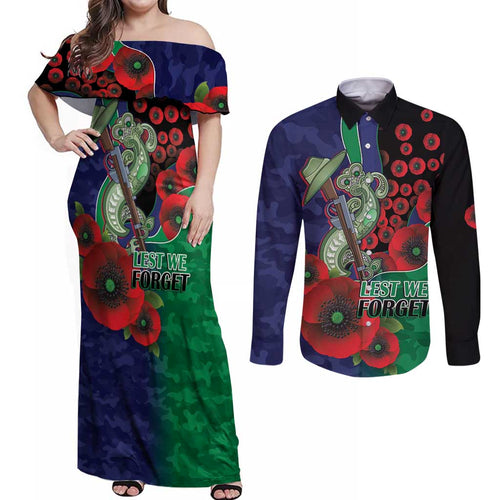 New Zealand Warriors ANZAC Personalised Couples Matching Off Shoulder Maxi Dress and Long Sleeve Button Shirt Lest We Forget Poppy Camo