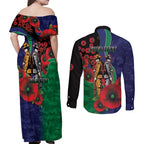 New Zealand Warriors ANZAC Personalised Couples Matching Off Shoulder Maxi Dress and Long Sleeve Button Shirt Lest We Forget Poppy Camo