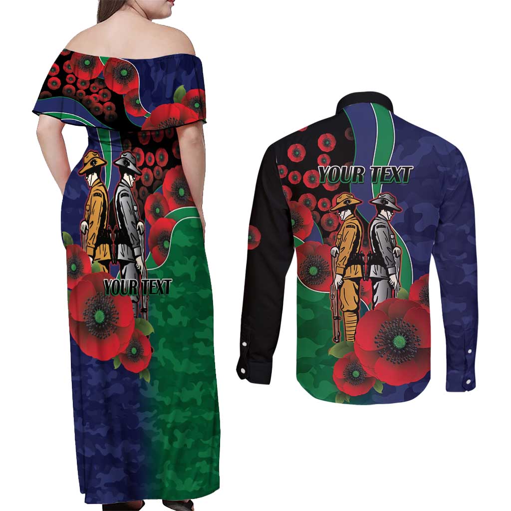 New Zealand Warriors ANZAC Personalised Couples Matching Off Shoulder Maxi Dress and Long Sleeve Button Shirt Lest We Forget Poppy Camo