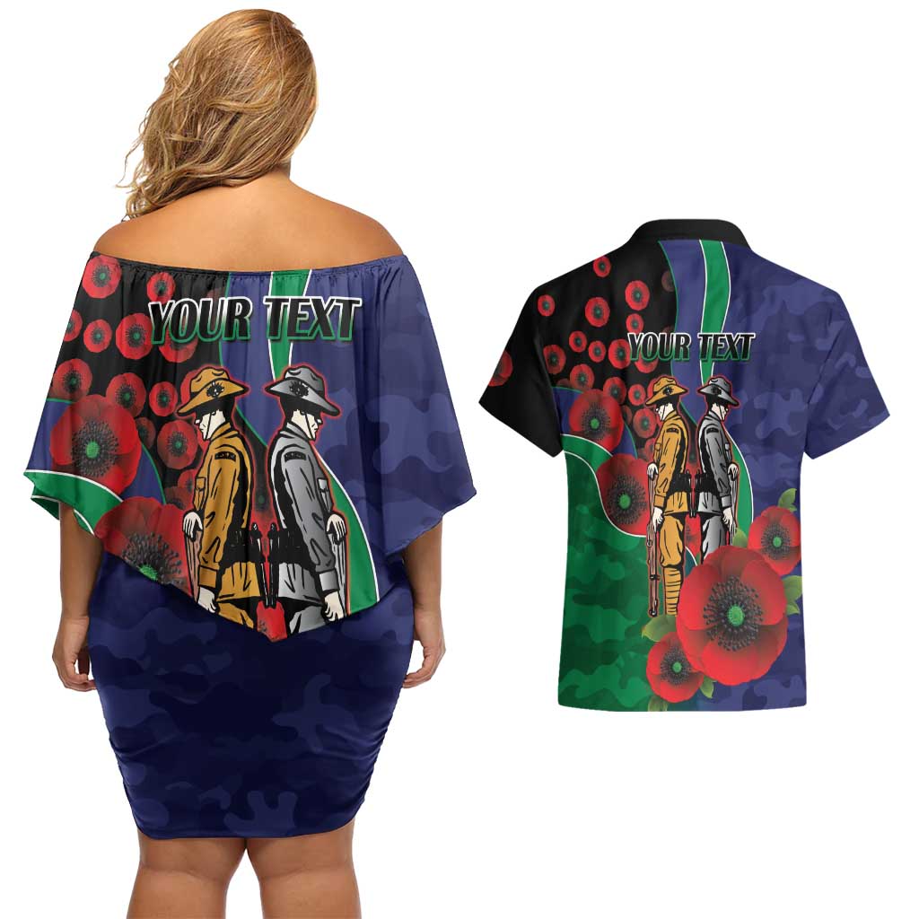 New Zealand Warriors ANZAC Personalised Couples Matching Off Shoulder Short Dress and Hawaiian Shirt Lest We Forget Poppy Camo