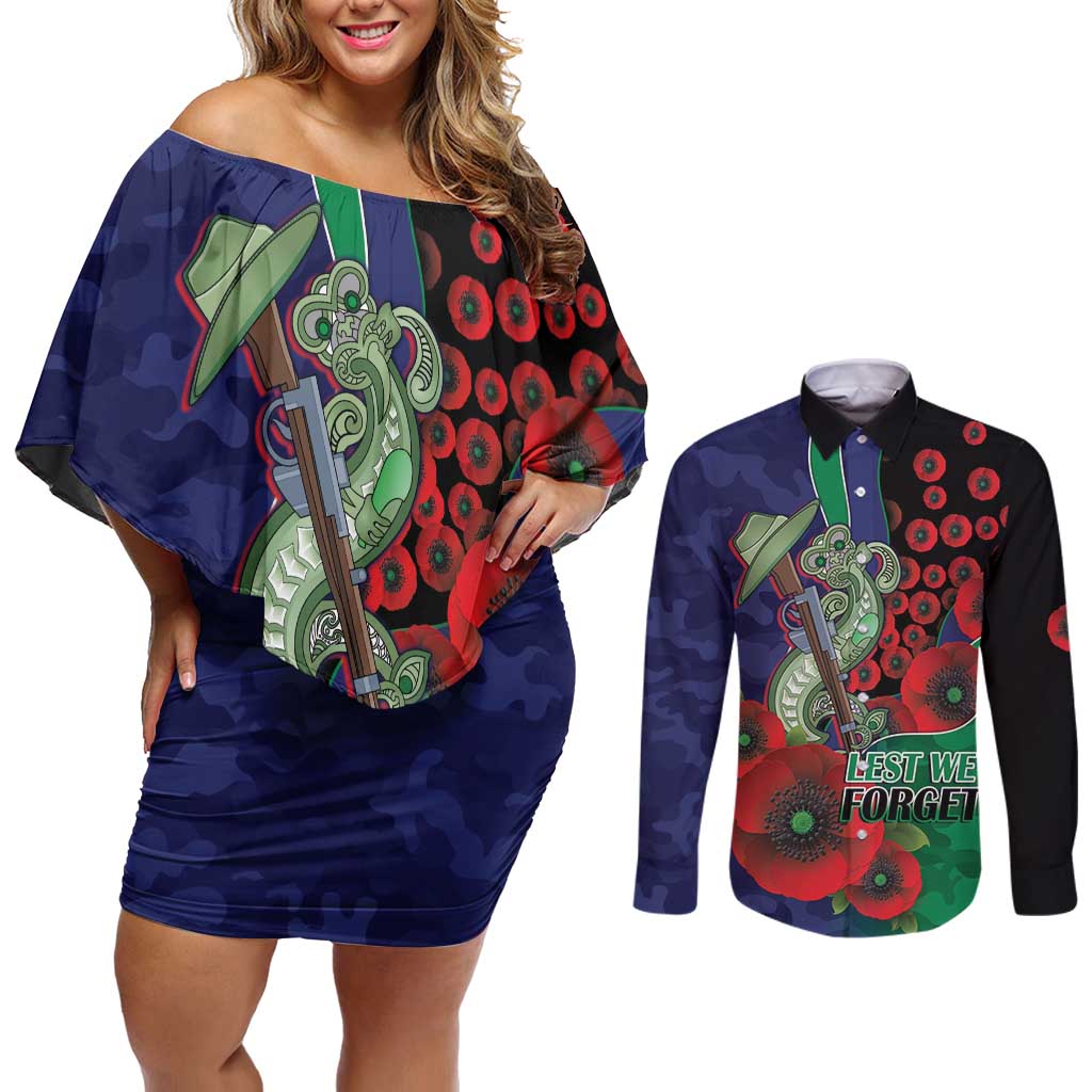 New Zealand Warriors ANZAC Personalised Couples Matching Off Shoulder Short Dress and Long Sleeve Button Shirt Lest We Forget Poppy Camo