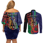 New Zealand Warriors ANZAC Personalised Couples Matching Off Shoulder Short Dress and Long Sleeve Button Shirt Lest We Forget Poppy Camo