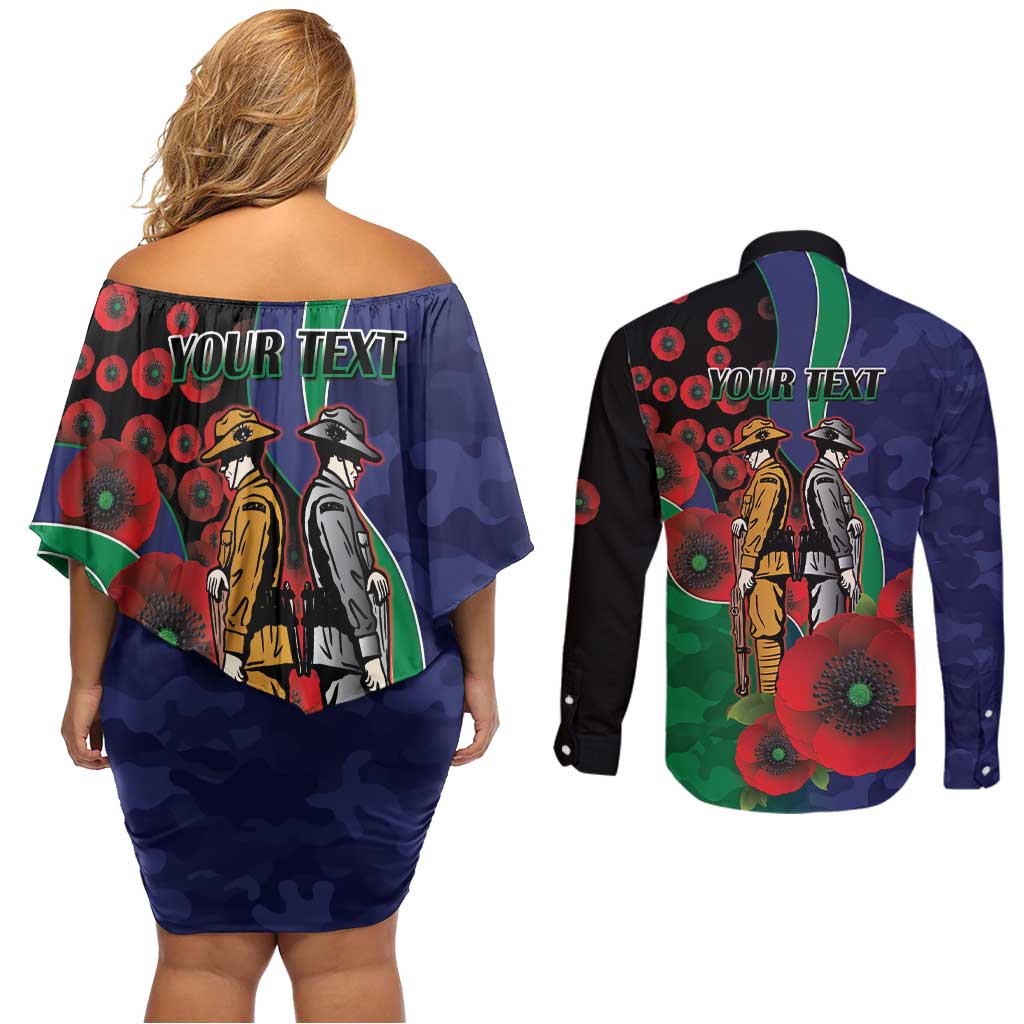 New Zealand Warriors ANZAC Personalised Couples Matching Off Shoulder Short Dress and Long Sleeve Button Shirt Lest We Forget Poppy Camo