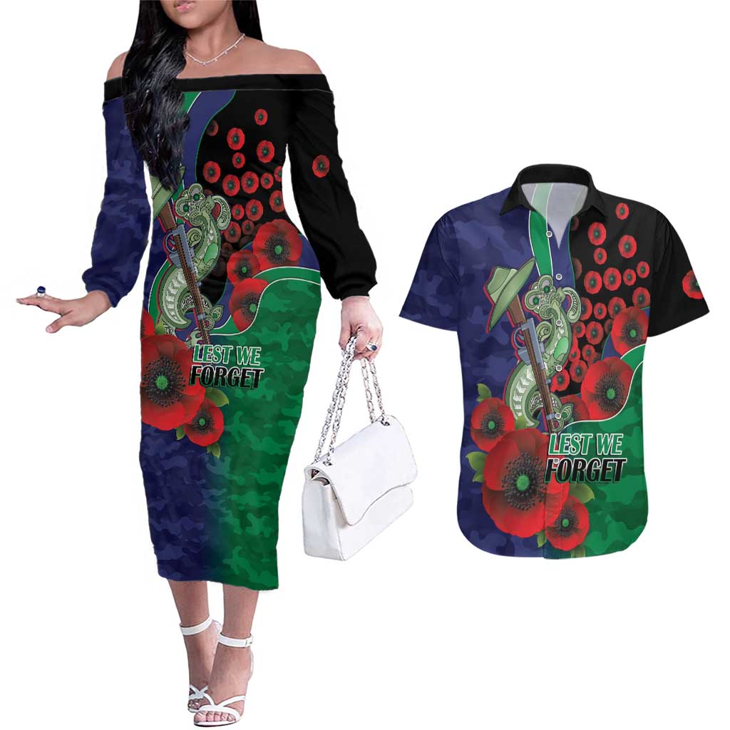 New Zealand Warriors ANZAC Personalised Couples Matching Off The Shoulder Long Sleeve Dress and Hawaiian Shirt Lest We Forget Poppy Camo