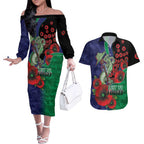 New Zealand Warriors ANZAC Personalised Couples Matching Off The Shoulder Long Sleeve Dress and Hawaiian Shirt Lest We Forget Poppy Camo