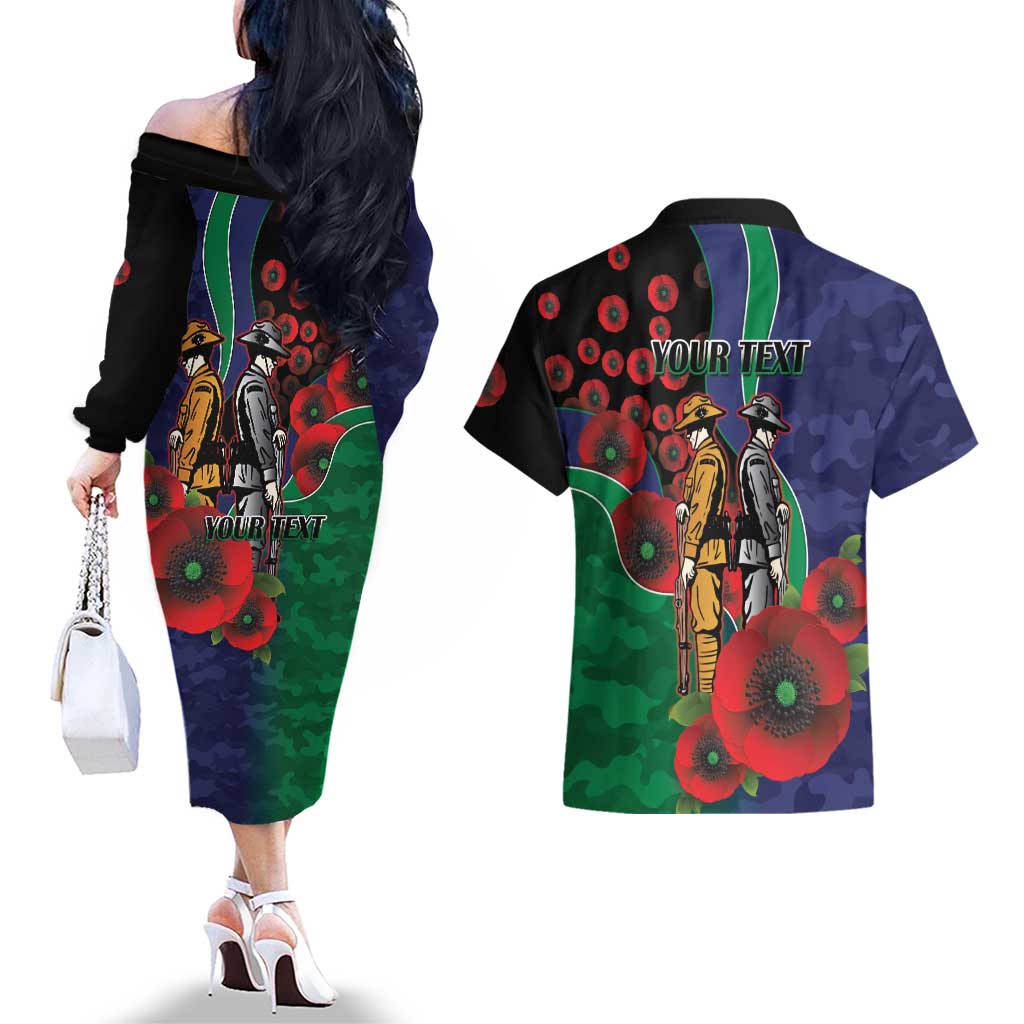 New Zealand Warriors ANZAC Personalised Couples Matching Off The Shoulder Long Sleeve Dress and Hawaiian Shirt Lest We Forget Poppy Camo