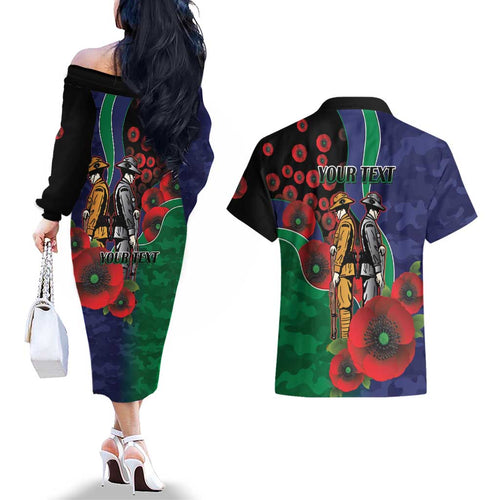 New Zealand Warriors ANZAC Personalised Couples Matching Off The Shoulder Long Sleeve Dress and Hawaiian Shirt Lest We Forget Poppy Camo