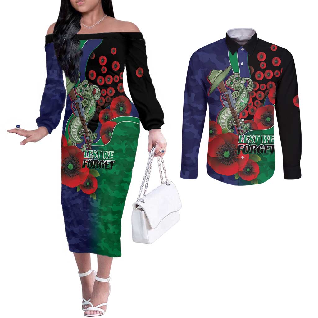 New Zealand Warriors ANZAC Personalised Couples Matching Off The Shoulder Long Sleeve Dress and Long Sleeve Button Shirt Lest We Forget Poppy Camo