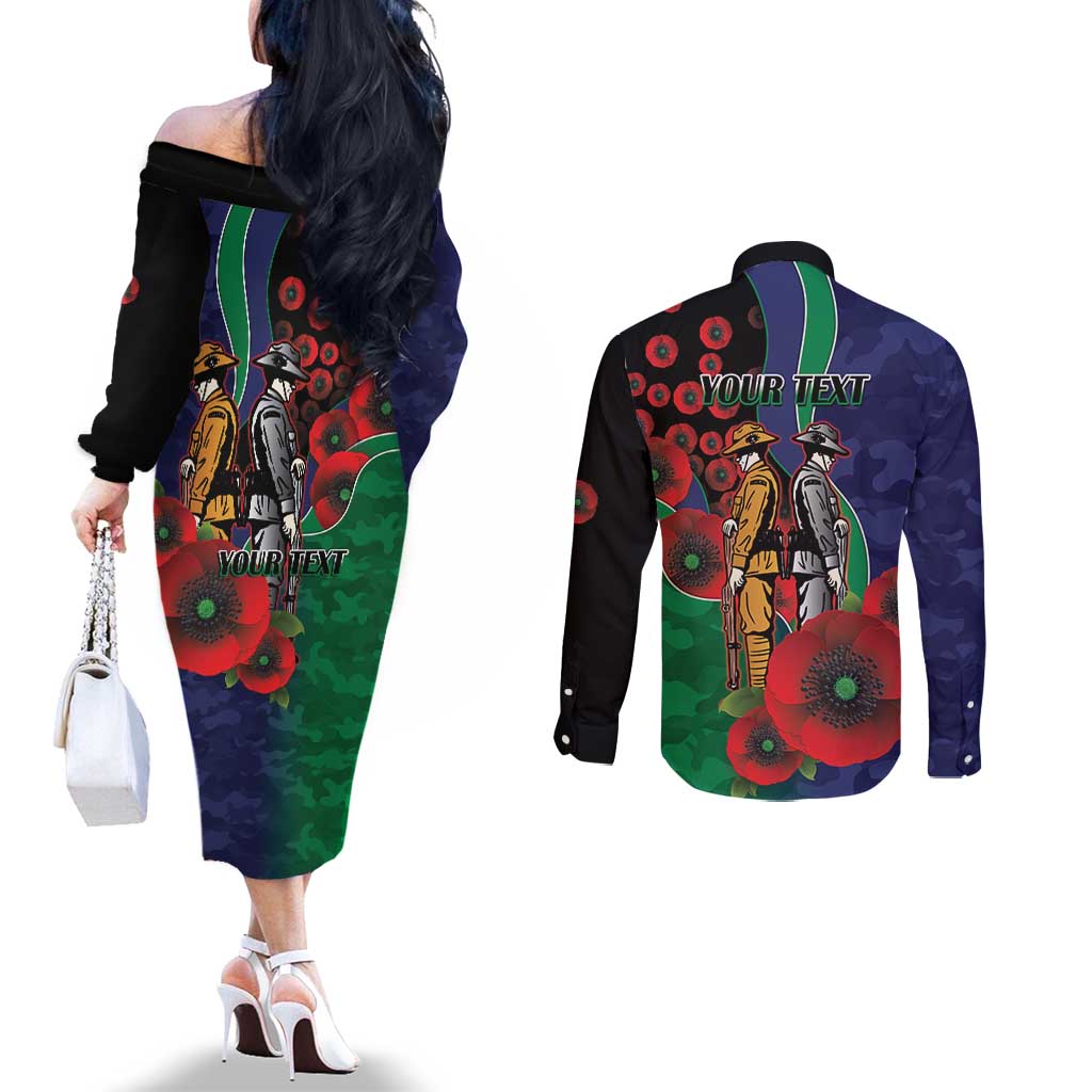 New Zealand Warriors ANZAC Personalised Couples Matching Off The Shoulder Long Sleeve Dress and Long Sleeve Button Shirt Lest We Forget Poppy Camo