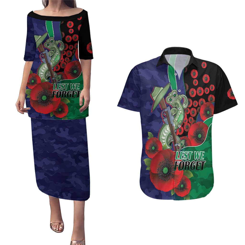 New Zealand Warriors ANZAC Personalised Couples Matching Puletasi and Hawaiian Shirt Lest We Forget Poppy Camo