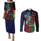 New Zealand Warriors ANZAC Personalised Couples Matching Puletasi and Long Sleeve Button Shirt Lest We Forget Poppy Camo