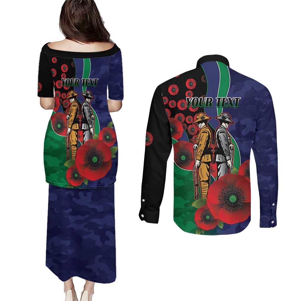 New Zealand Warriors ANZAC Personalised Couples Matching Puletasi and Long Sleeve Button Shirt Lest We Forget Poppy Camo