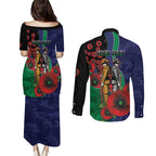 New Zealand Warriors ANZAC Personalised Couples Matching Puletasi and Long Sleeve Button Shirt Lest We Forget Poppy Camo