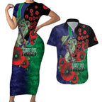 New Zealand Warriors ANZAC Personalised Couples Matching Short Sleeve Bodycon Dress and Hawaiian Shirt Lest We Forget Poppy Camo