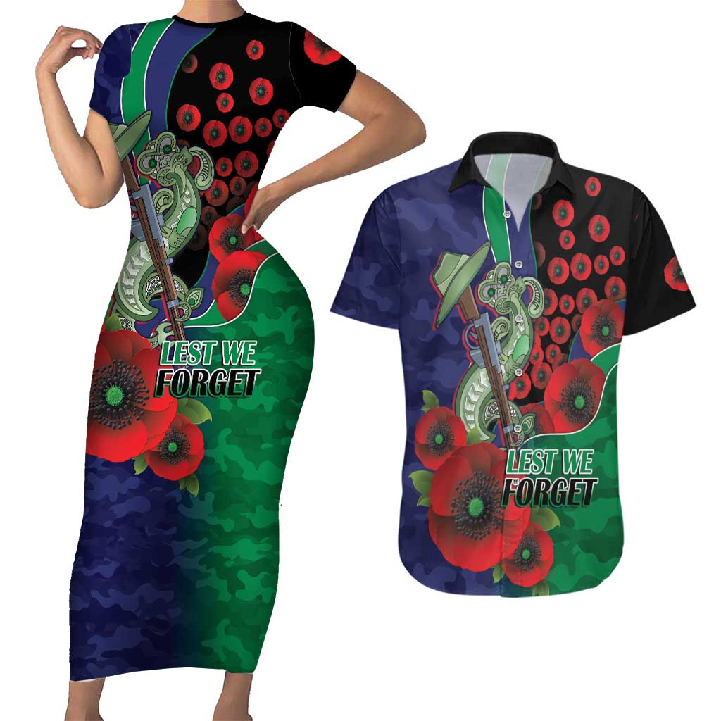 New Zealand Warriors ANZAC Personalised Couples Matching Short Sleeve Bodycon Dress and Hawaiian Shirt Lest We Forget Poppy Camo