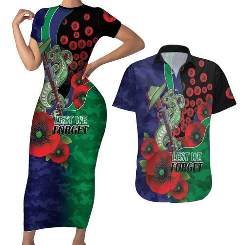New Zealand Warriors ANZAC Personalised Couples Matching Short Sleeve Bodycon Dress and Hawaiian Shirt Lest We Forget Poppy Camo