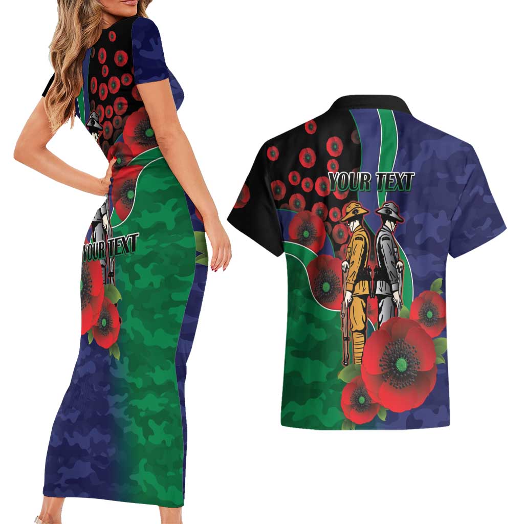 New Zealand Warriors ANZAC Personalised Couples Matching Short Sleeve Bodycon Dress and Hawaiian Shirt Lest We Forget Poppy Camo