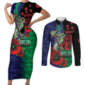 New Zealand Warriors ANZAC Personalised Couples Matching Short Sleeve Bodycon Dress and Long Sleeve Button Shirt Lest We Forget Poppy Camo