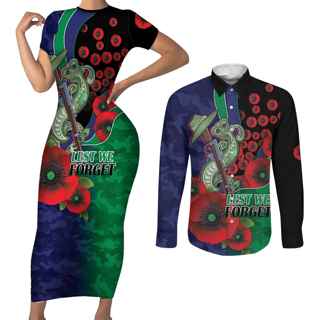 New Zealand Warriors ANZAC Personalised Couples Matching Short Sleeve Bodycon Dress and Long Sleeve Button Shirt Lest We Forget Poppy Camo