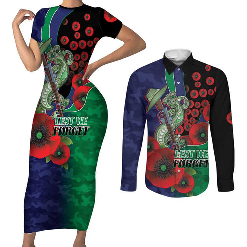 New Zealand Warriors ANZAC Personalised Couples Matching Short Sleeve Bodycon Dress and Long Sleeve Button Shirt Lest We Forget Poppy Camo