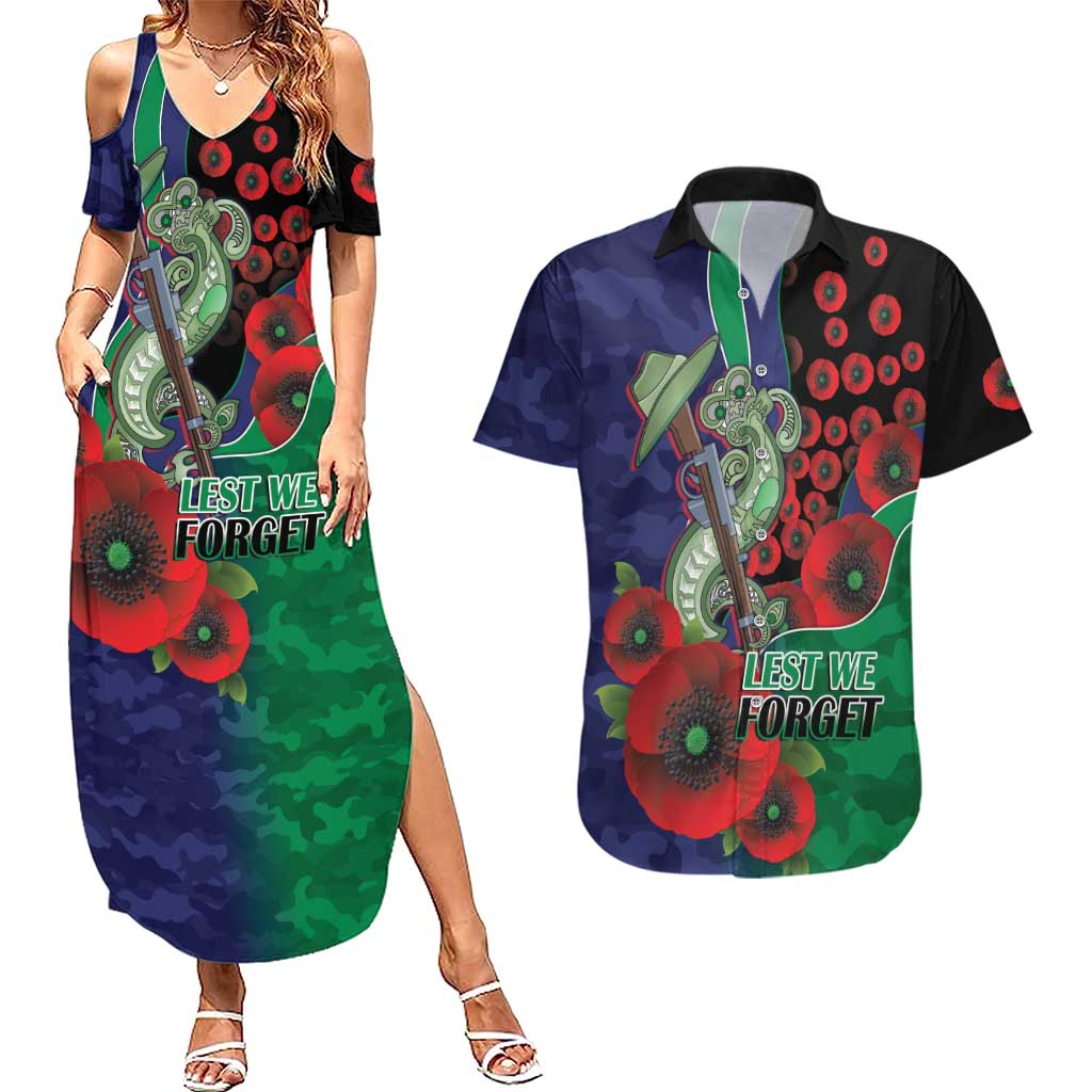 New Zealand Warriors ANZAC Personalised Couples Matching Summer Maxi Dress and Hawaiian Shirt Lest We Forget Poppy Camo