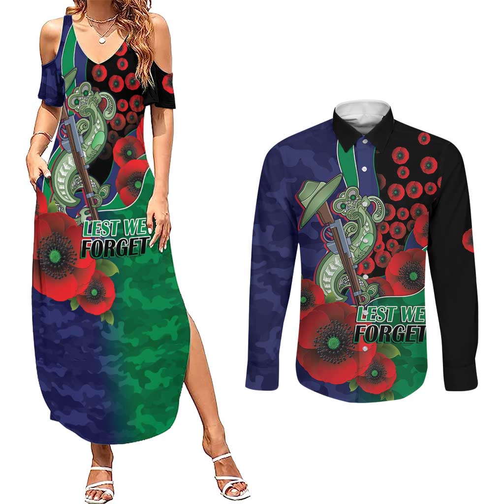New Zealand Warriors ANZAC Personalised Couples Matching Summer Maxi Dress and Long Sleeve Button Shirt Lest We Forget Poppy Camo