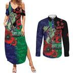 New Zealand Warriors ANZAC Personalised Couples Matching Summer Maxi Dress and Long Sleeve Button Shirt Lest We Forget Poppy Camo