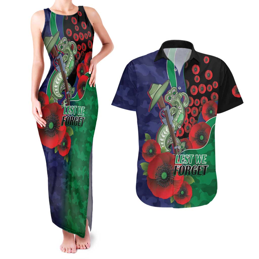 New Zealand Warriors ANZAC Personalised Couples Matching Tank Maxi Dress and Hawaiian Shirt Lest We Forget Poppy Camo