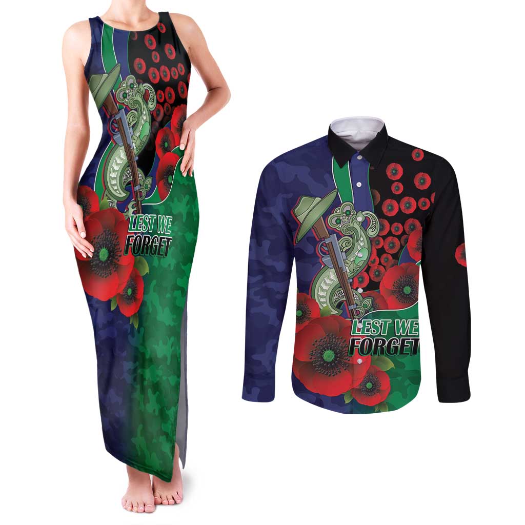 New Zealand Warriors ANZAC Personalised Couples Matching Tank Maxi Dress and Long Sleeve Button Shirt Lest We Forget Poppy Camo