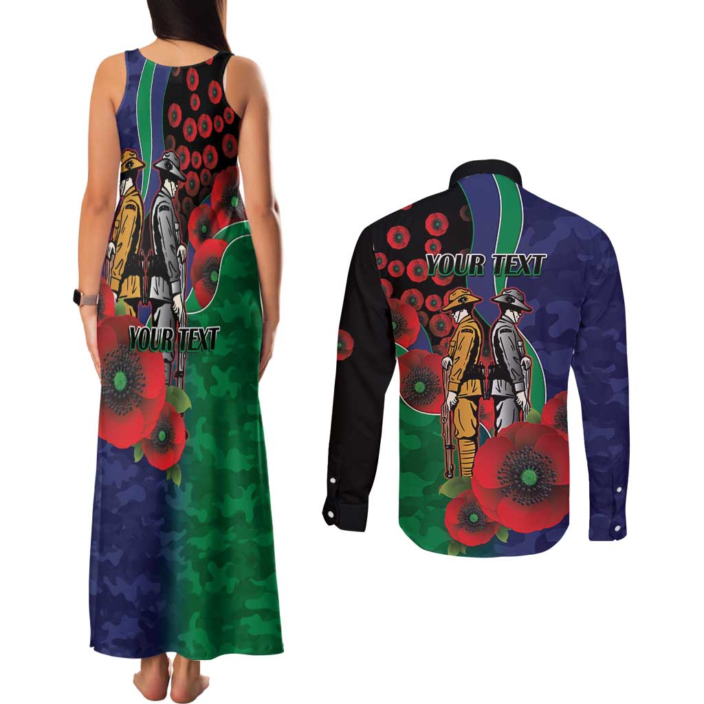 New Zealand Warriors ANZAC Personalised Couples Matching Tank Maxi Dress and Long Sleeve Button Shirt Lest We Forget Poppy Camo