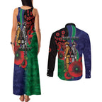 New Zealand Warriors ANZAC Personalised Couples Matching Tank Maxi Dress and Long Sleeve Button Shirt Lest We Forget Poppy Camo