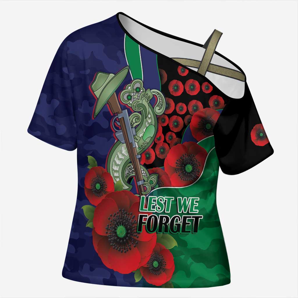 New Zealand Warriors ANZAC Personalised Cross Shoulder Shirt Lest We Forget Poppy Camo