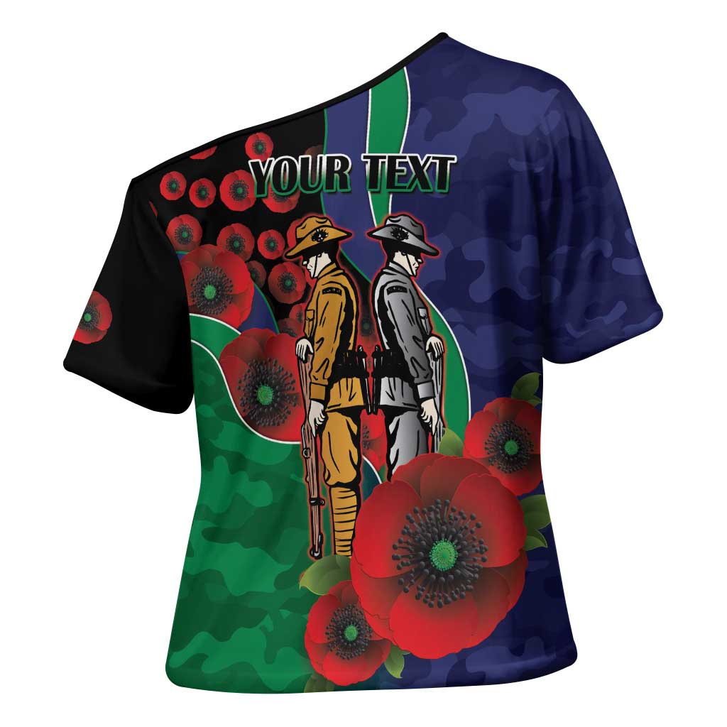 New Zealand Warriors ANZAC Personalised Cross Shoulder Shirt Lest We Forget Poppy Camo