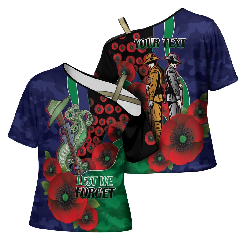 New Zealand Warriors ANZAC Personalised Cross Shoulder Shirt Lest We Forget Poppy Camo