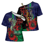 New Zealand Warriors ANZAC Personalised Cross Shoulder Shirt Lest We Forget Poppy Camo