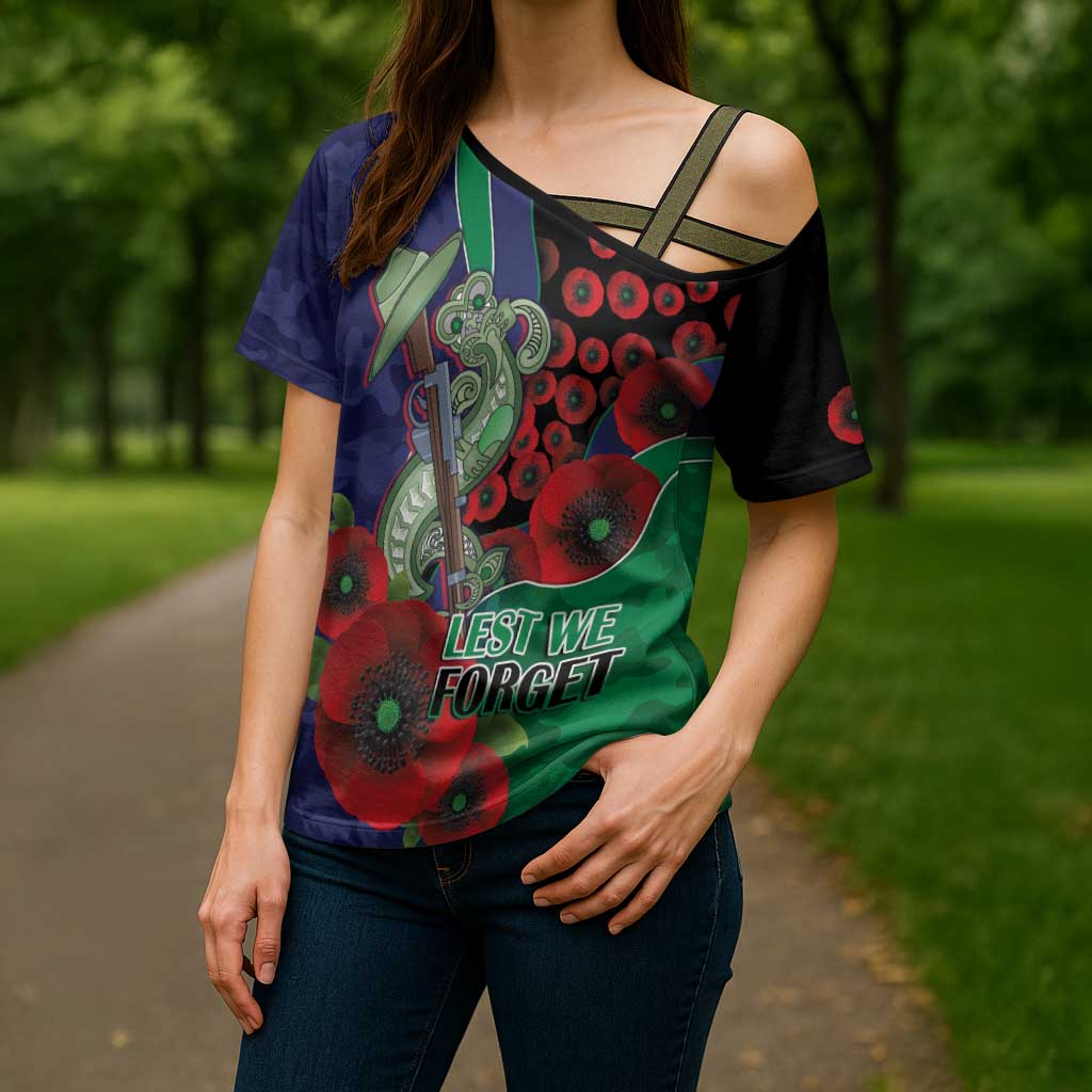 New Zealand Warriors ANZAC Personalised Cross Shoulder Shirt Lest We Forget Poppy Camo