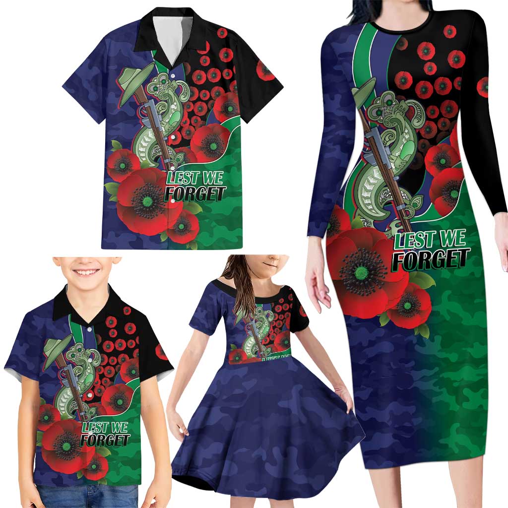 New Zealand Warriors ANZAC Personalised Family Matching Long Sleeve Bodycon Dress and Hawaiian Shirt Lest We Forget Poppy Camo