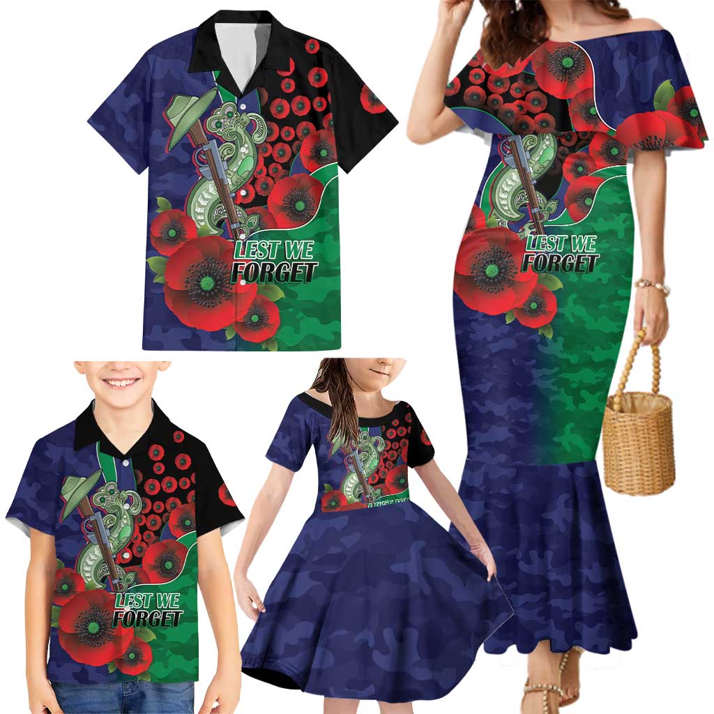 New Zealand Warriors ANZAC Personalised Family Matching Mermaid Dress and Hawaiian Shirt Lest We Forget Poppy Camo