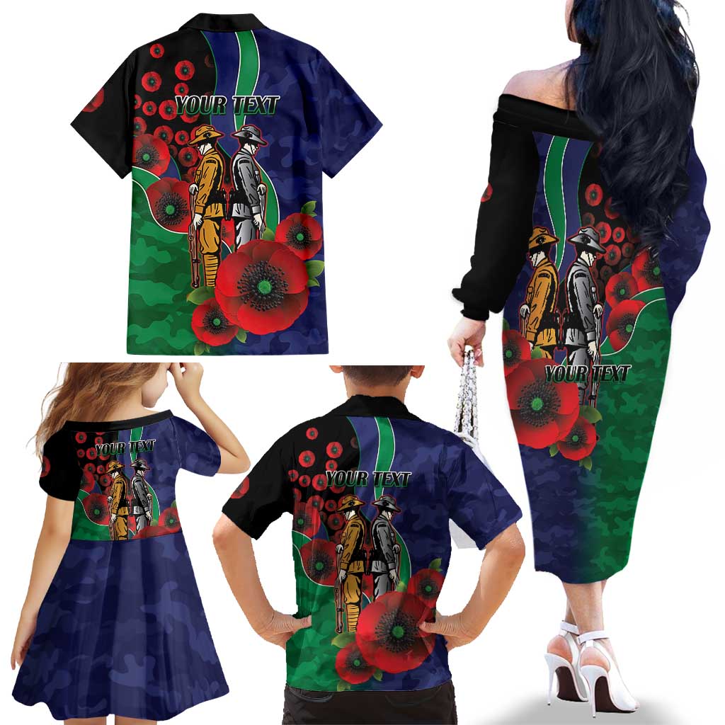 New Zealand Warriors ANZAC Personalised Family Matching Off The Shoulder Long Sleeve Dress and Hawaiian Shirt Lest We Forget Poppy Camo