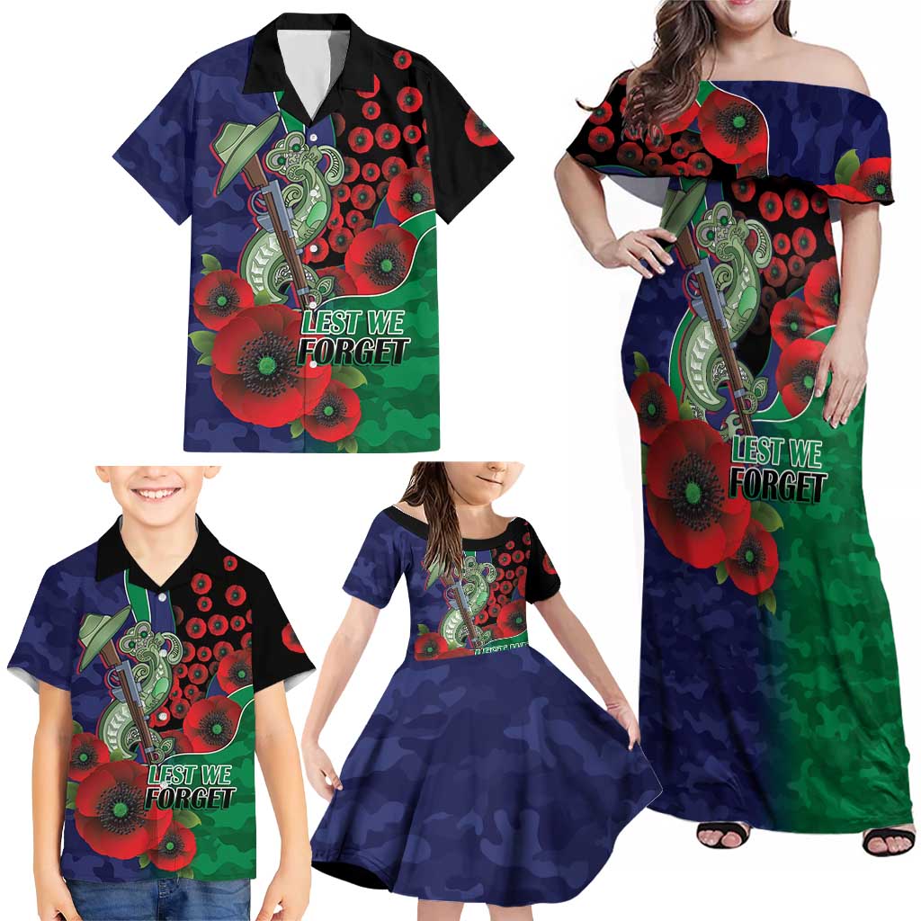 New Zealand Warriors ANZAC Personalised Family Matching Off Shoulder Maxi Dress and Hawaiian Shirt Lest We Forget Poppy Camo