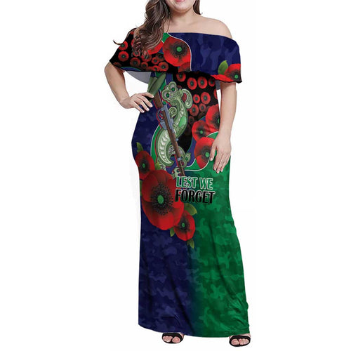 New Zealand Warriors ANZAC Personalised Family Matching Off Shoulder Maxi Dress and Hawaiian Shirt Lest We Forget Poppy Camo