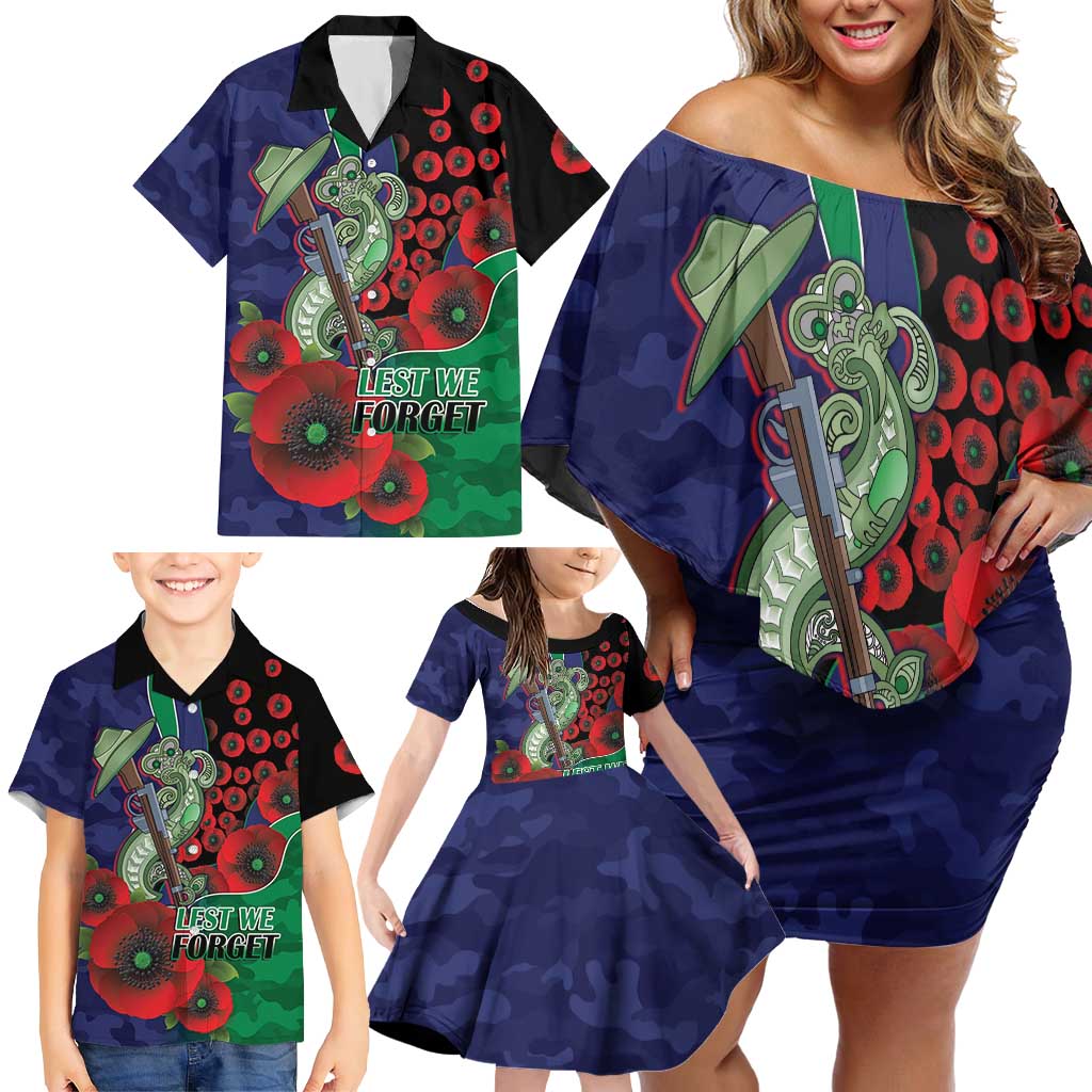 New Zealand Warriors ANZAC Personalised Family Matching Off Shoulder Short Dress and Hawaiian Shirt Lest We Forget Poppy Camo