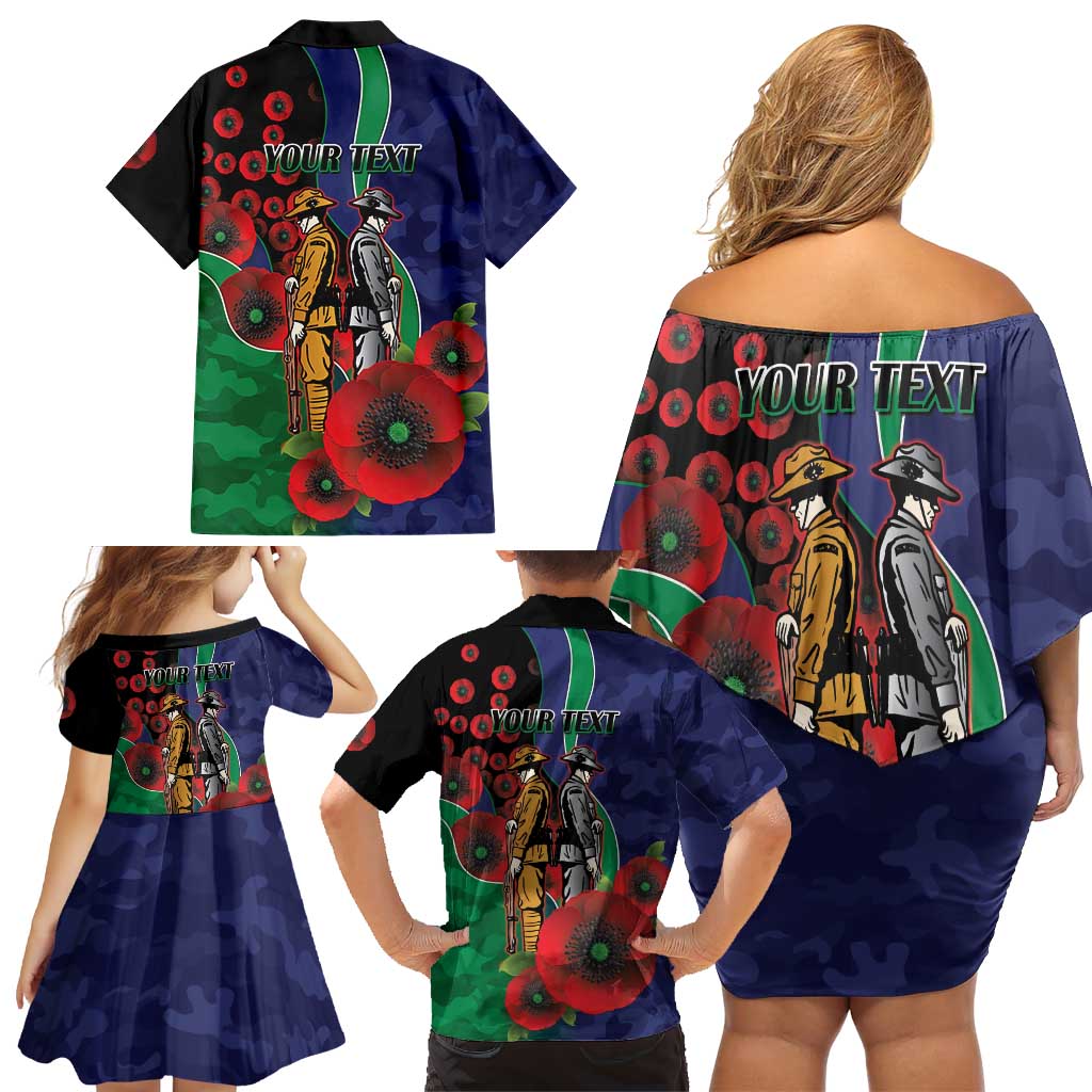 New Zealand Warriors ANZAC Personalised Family Matching Off Shoulder Short Dress and Hawaiian Shirt Lest We Forget Poppy Camo