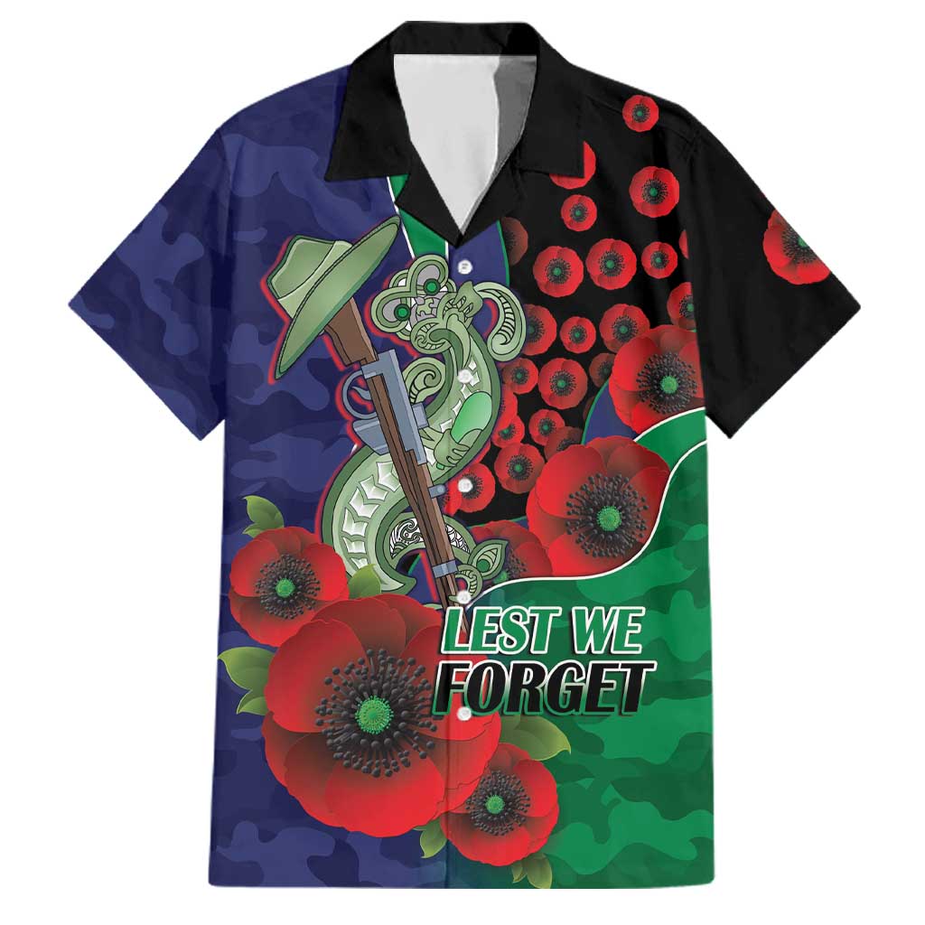 New Zealand Warriors ANZAC Personalised Family Matching Off Shoulder Short Dress and Hawaiian Shirt Lest We Forget Poppy Camo