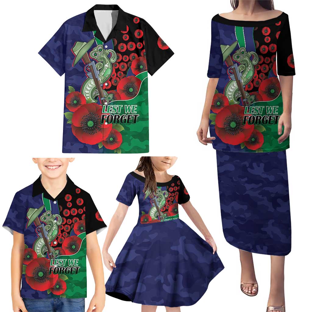 New Zealand Warriors ANZAC Personalised Family Matching Puletasi and Hawaiian Shirt Lest We Forget Poppy Camo