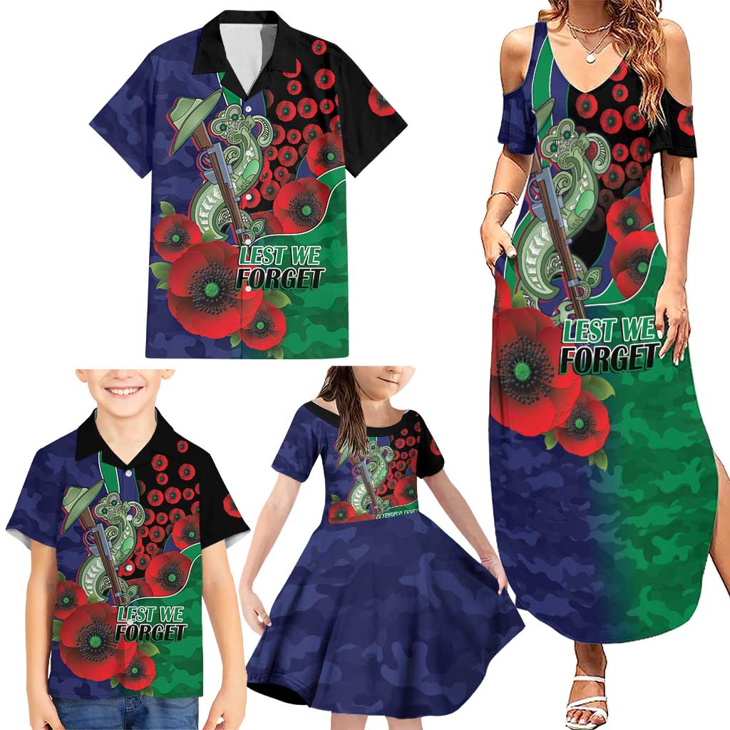 New Zealand Warriors ANZAC Personalised Family Matching Summer Maxi Dress and Hawaiian Shirt Lest We Forget Poppy Camo