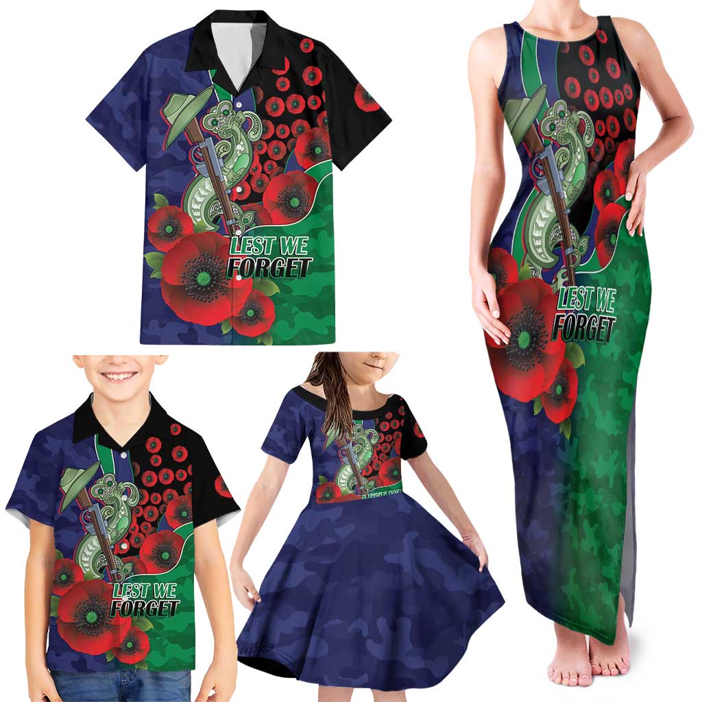 New Zealand Warriors ANZAC Personalised Family Matching Tank Maxi Dress and Hawaiian Shirt Lest We Forget Poppy Camo