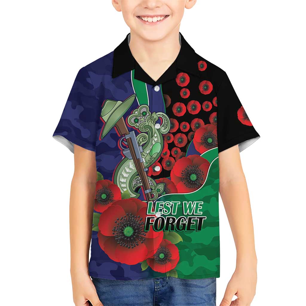 New Zealand Warriors ANZAC Personalised Kid Hawaiian Shirt Lest We Forget Poppy Camo