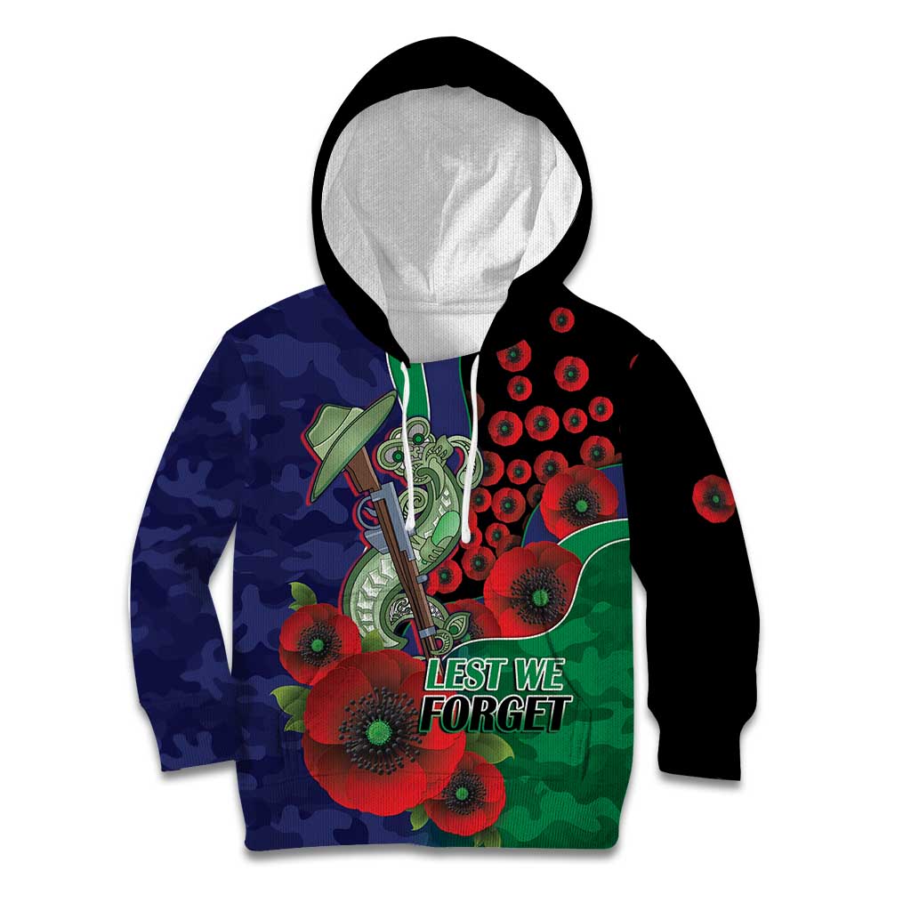 New Zealand Warriors ANZAC Personalised Kid Hoodie Lest We Forget Poppy Camo