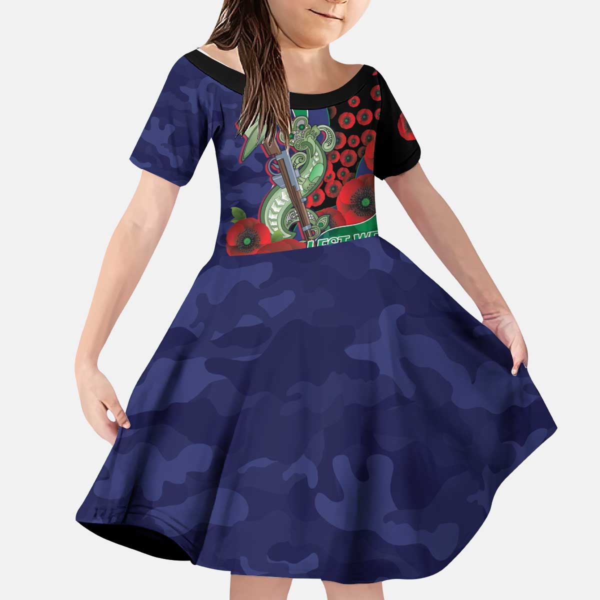 New Zealand Warriors ANZAC Personalised Kid Short Sleeve Dress Lest We Forget Poppy Camo